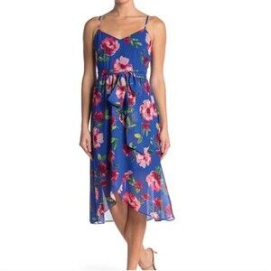 Vince Camuto Women’s‎ 4P Blue Floral Dress Spaghetti Straps V Neck Layered